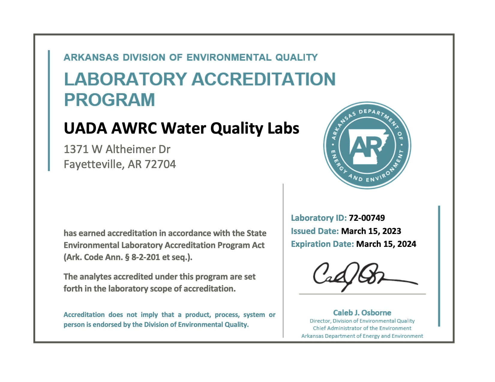 Screenshot of a certificate of accreditation for the AWRC Water Quality Labs.